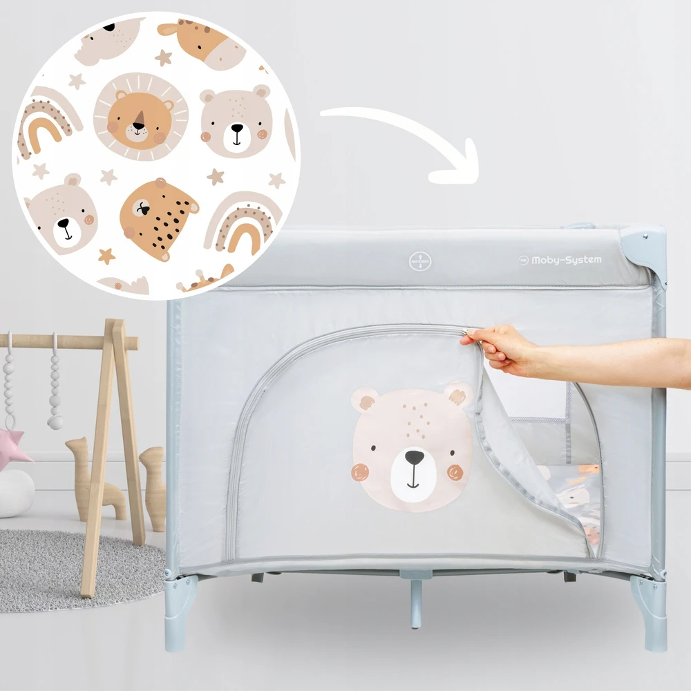 Sulankstomas vaikų maniežas Moby-System Teddy Bear su čiužiniu ir krepšiu, pilkas, 97 x 100 x 77 cm