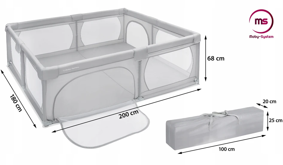 Sulankstomas vaikų maniežas Moby-System, pilkas, 200 x 180 cm su transportavimo krepšiu