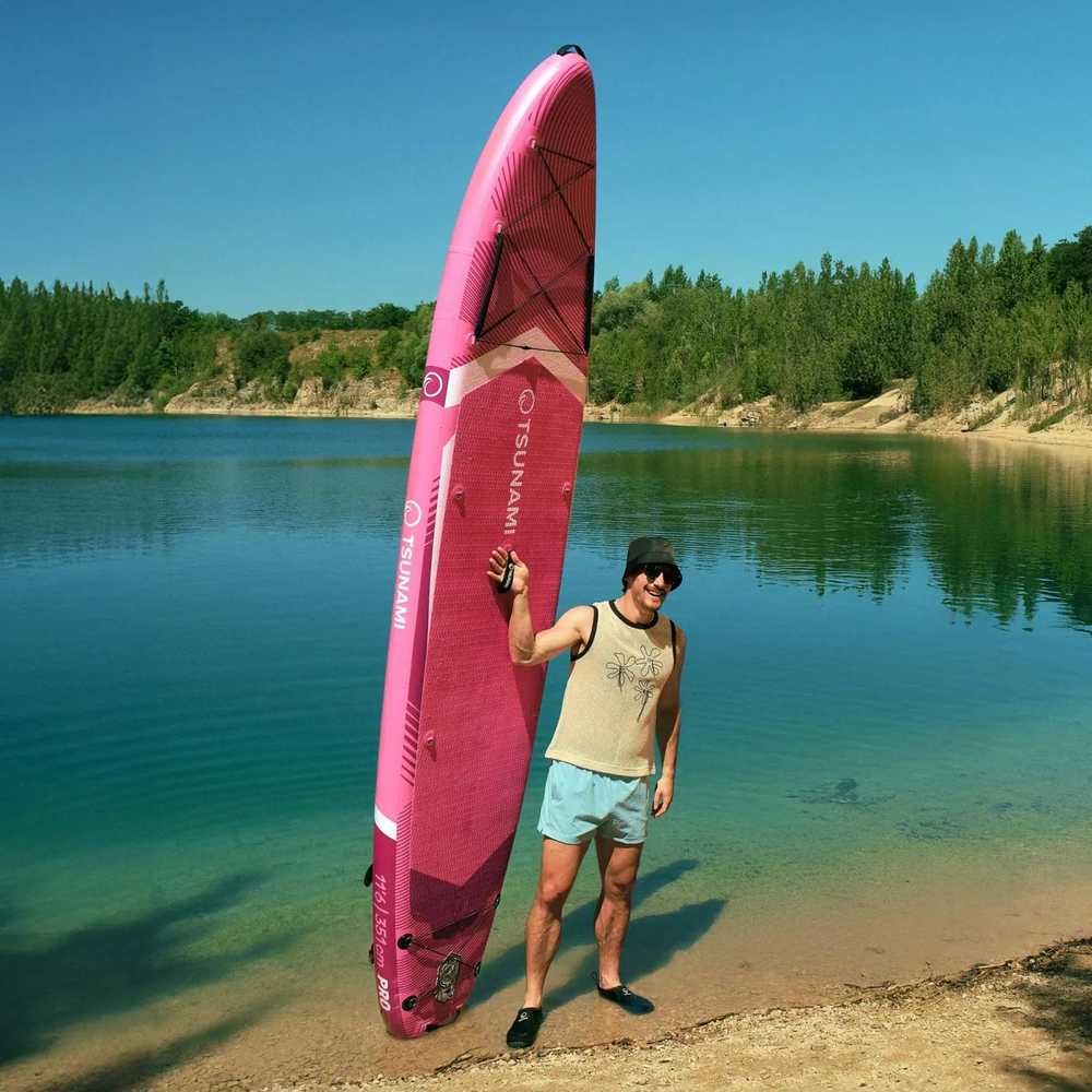 Pripučiama irklentė, vandens sportui, su reguliuojamu irklu, rožinė, 350 cm