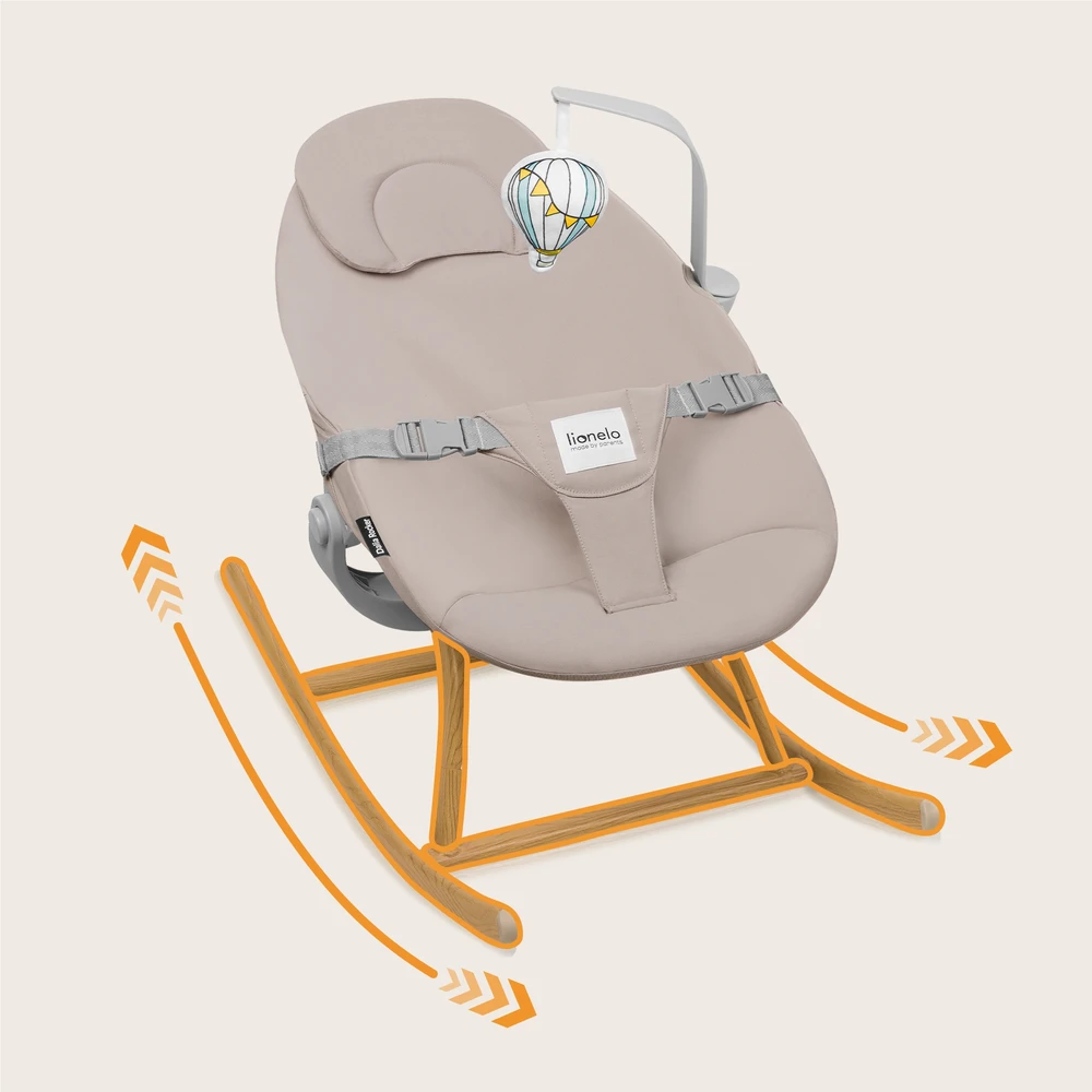 Supamoji kėdė, Lionelo, Dalia, reguliuojamas aukštis (2 pozicijos), su nuimamu užvalkalu, žaislų lankelis, iki 9kg, lengva, 3,2kg, smėlio spalvos, rusvai gelsvas Sand