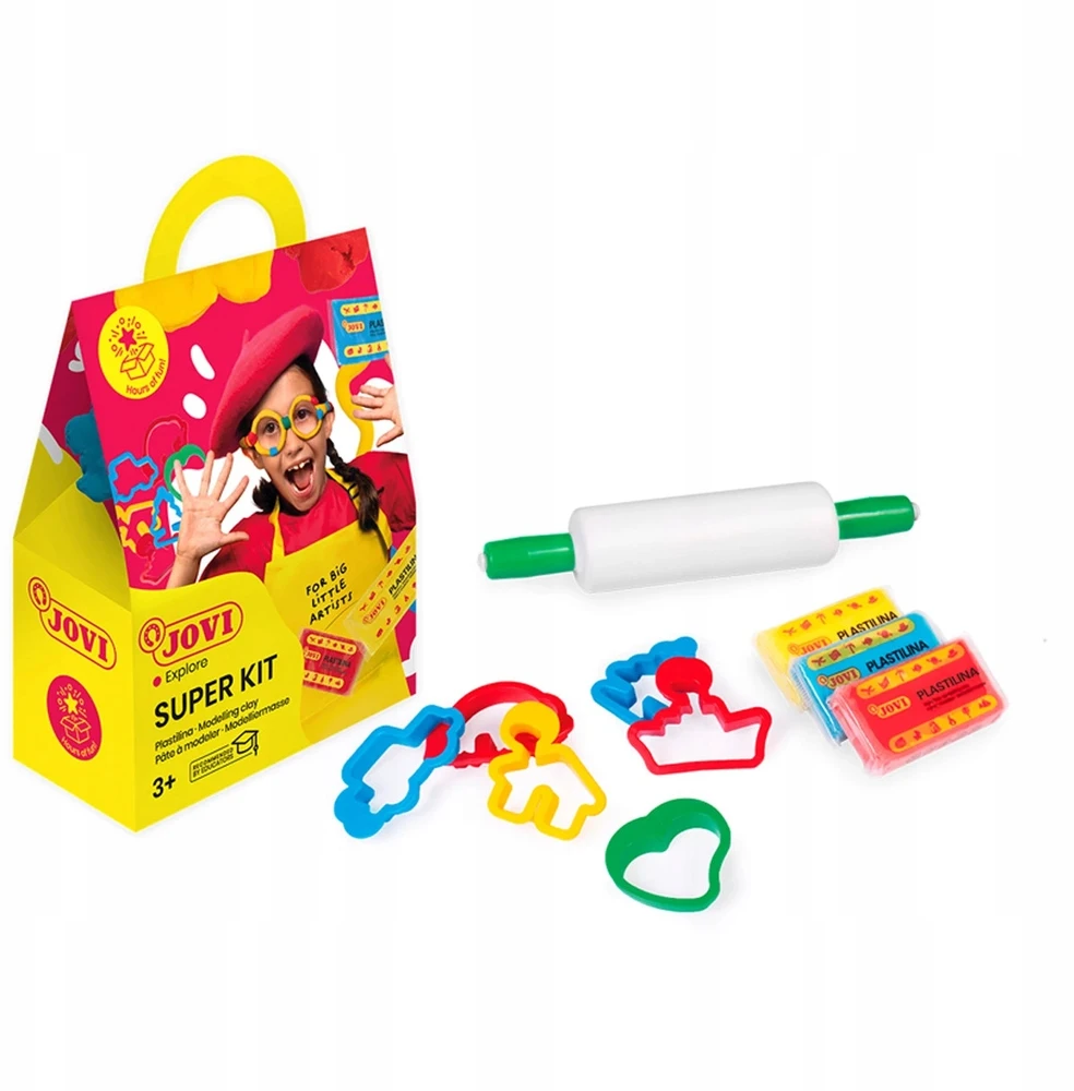 SUPER rinkinys Jovi: Plastilinas 3 blokeliai x 50 gr + 6 formelės ir 1 volelis plastilinui