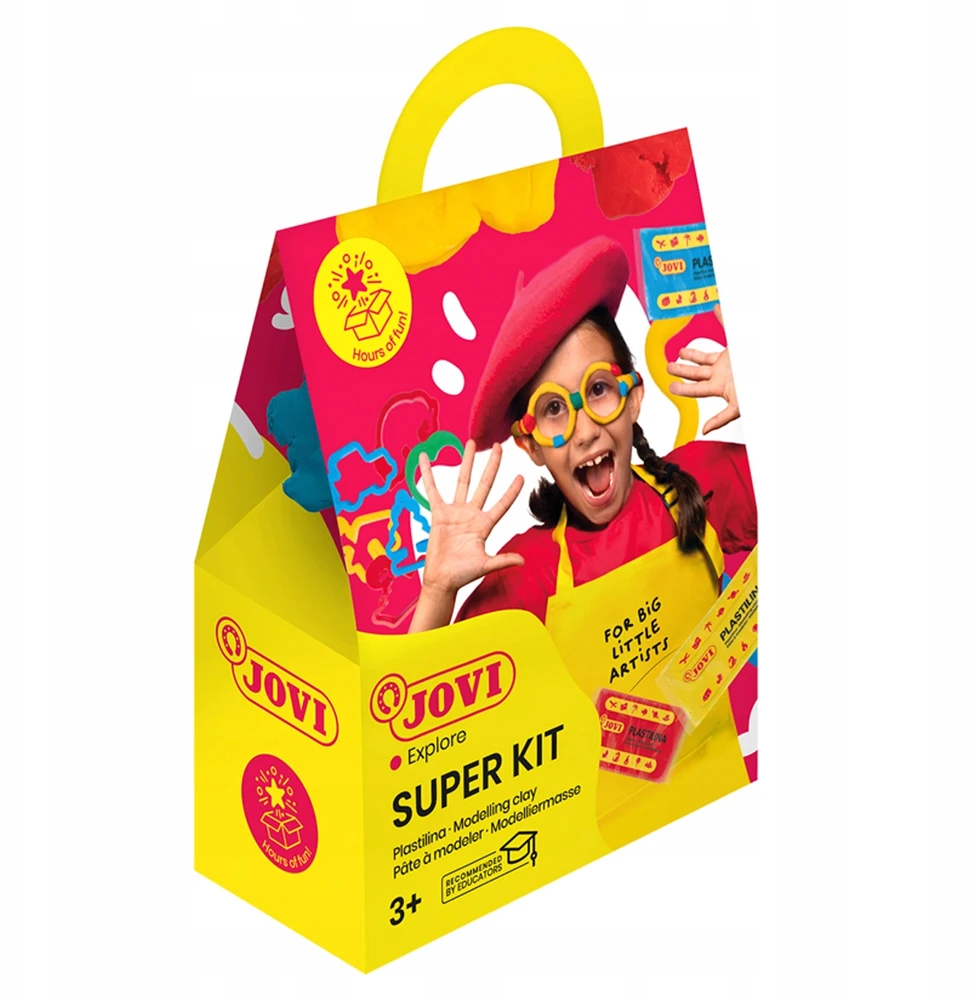 SUPER rinkinys Jovi: Plastilinas 3 blokeliai x 50 gr + 6 formelės ir 1 volelis plastilinui