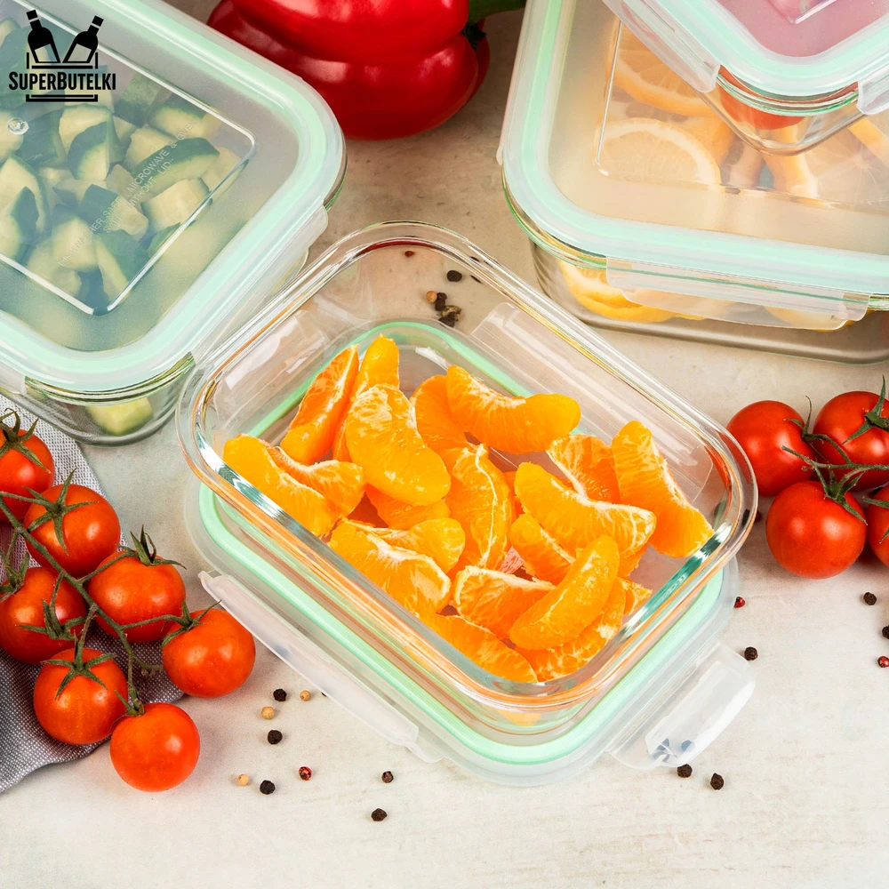 Superbutelki LUNCHBOX 630 ml STIKLINIS TAKAS, atsparus karščiui, tinkamas naudoti mikrobangų krosnelėje