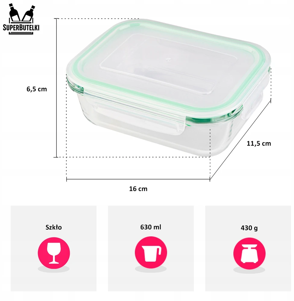 Superbutelki LUNCHBOX 630 ml STIKLINIS TAKAS, atsparus karščiui, tinkamas naudoti mikrobangų krosnelėje