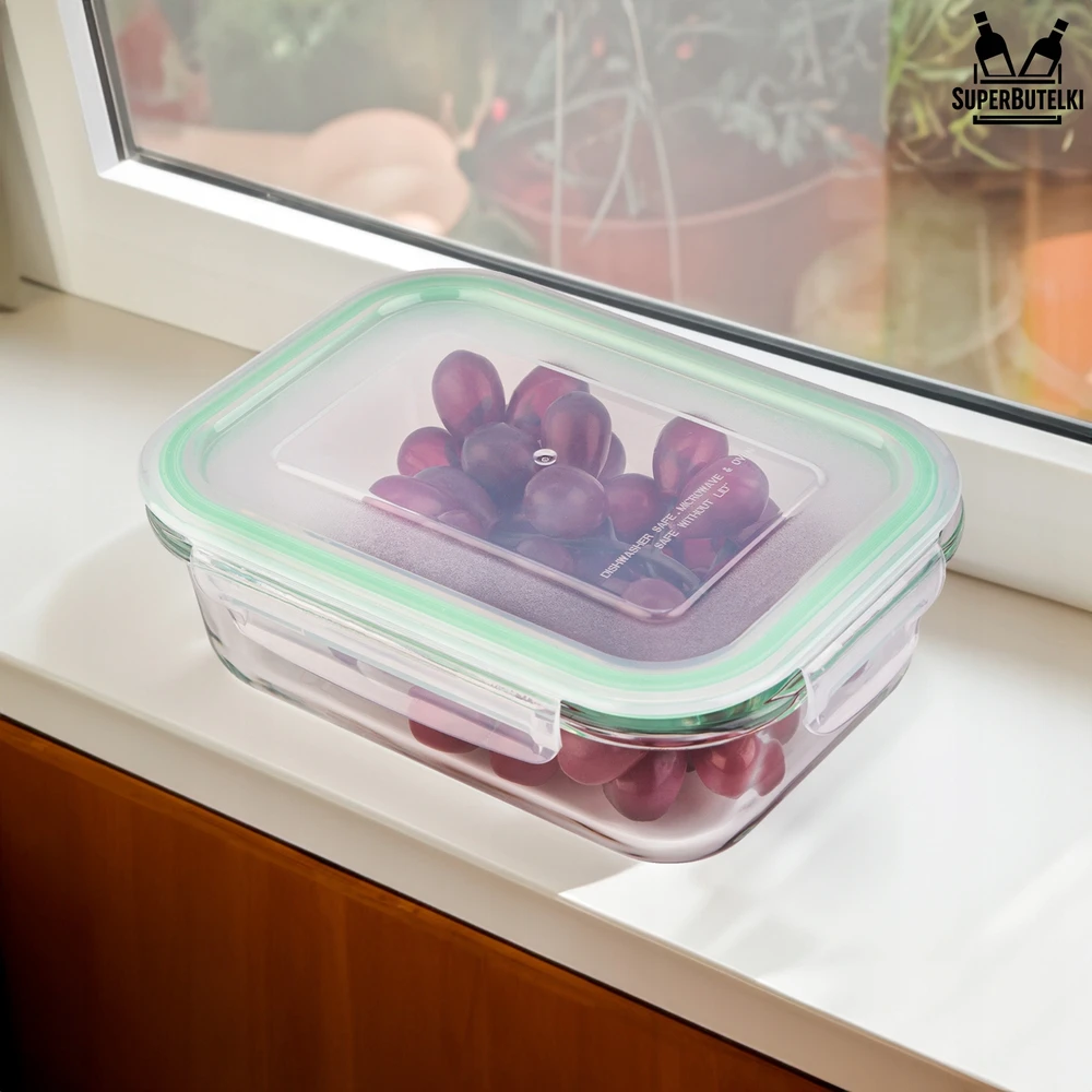 Superbutelki LUNCHBOX 630 ml STIKLINIS TAKAS, atsparus karščiui, tinkamas naudoti mikrobangų krosnelėje