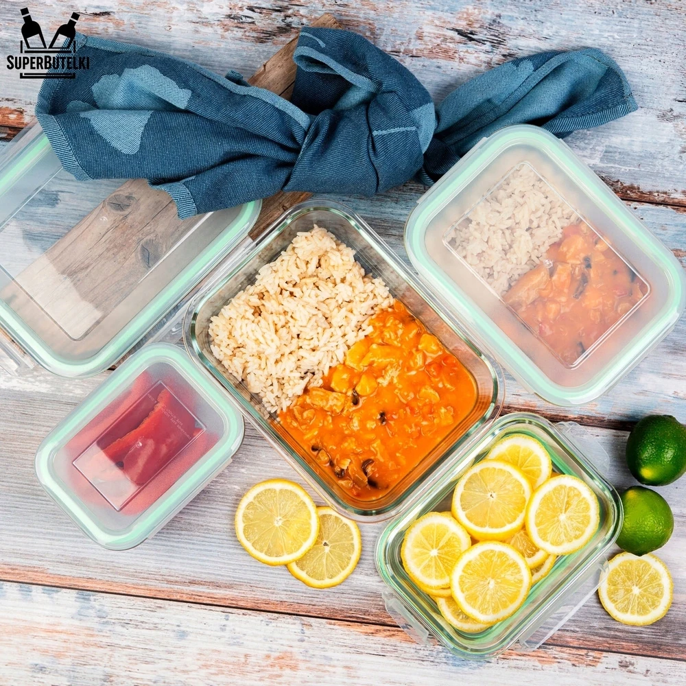 Superbutelki LUNCHBOX 630 ml STIKLINIS TAKAS, atsparus karščiui, tinkamas naudoti mikrobangų krosnelėje