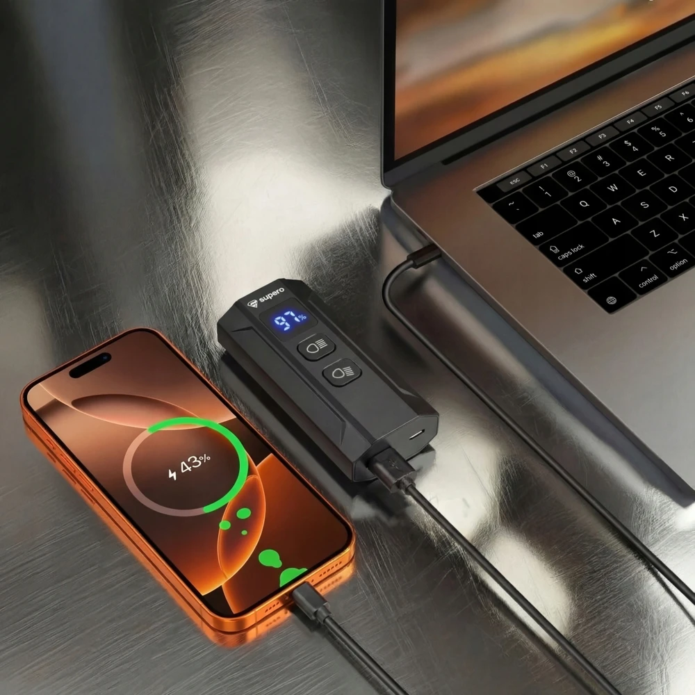 Supero Dviračio žibintas priekyje galinis stiprus 1200lm maitinimo blokas USB-C šviesos žibintuvėlis