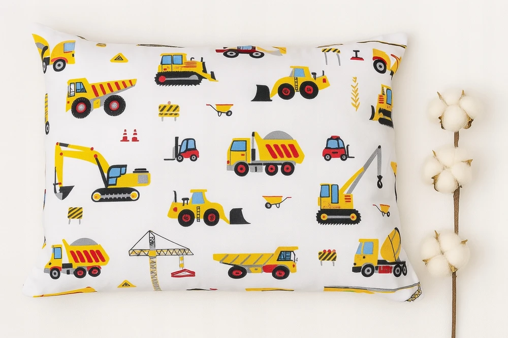 Supreme Style Pagalvės užvalkalas: ekskavatorius, kranas, mašinos, automobiliai, transporto priemonės, 40x60, balta medvilnė, vaikams