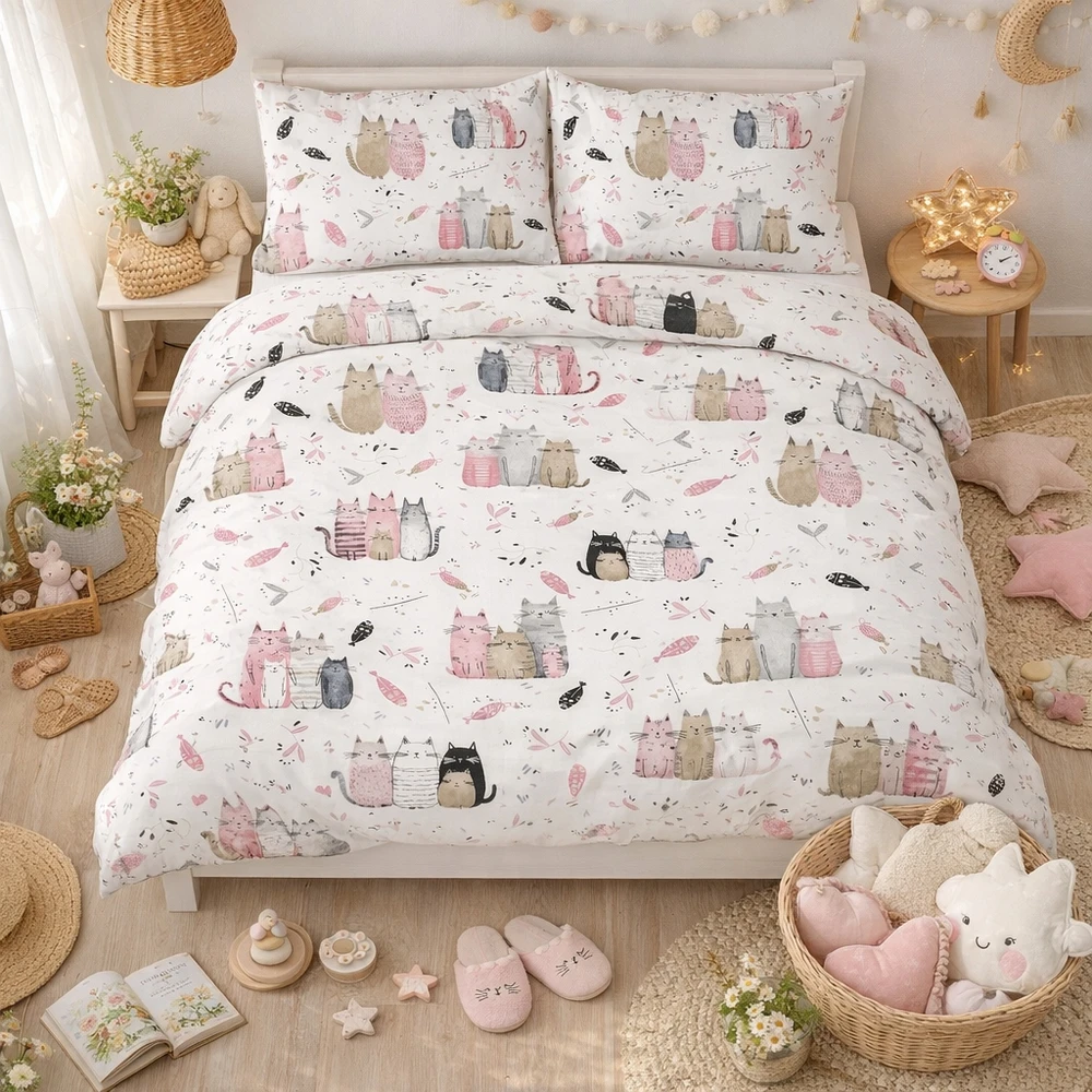 Supreme Style Patalynė 140X200 DLA DZIECKA kotki koty rodzina balta ir rožinė do przedszkola