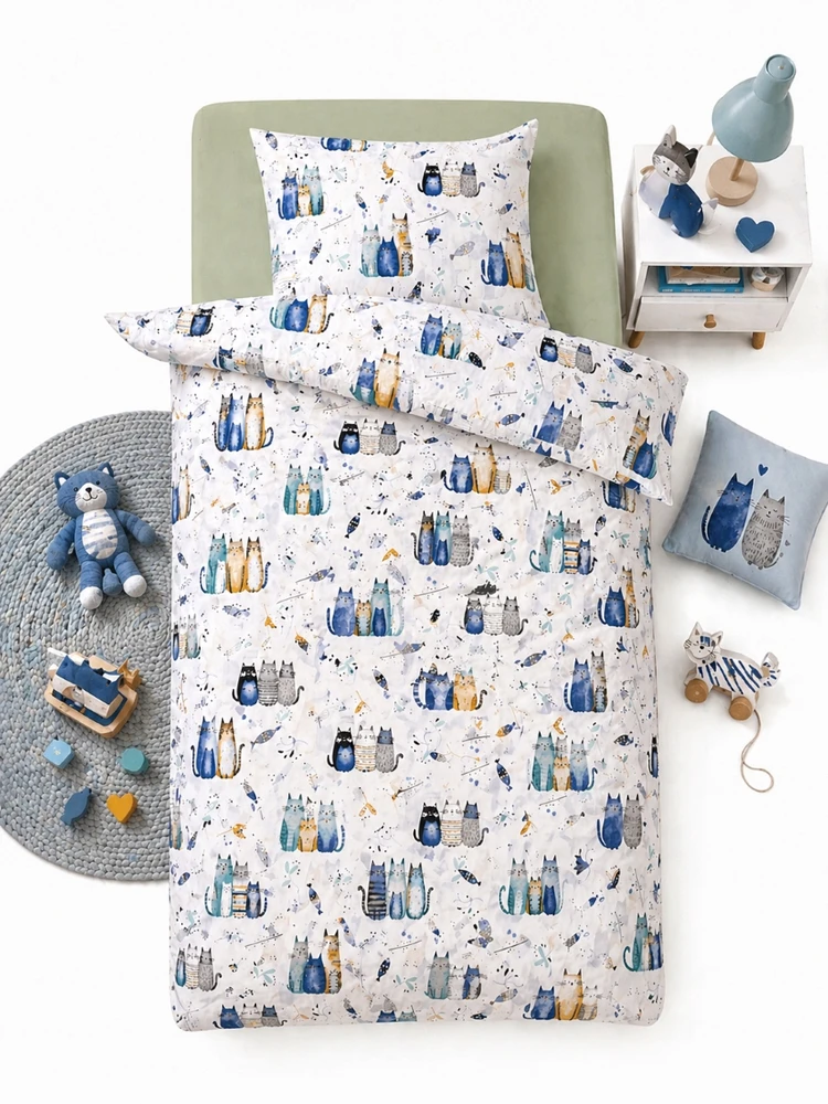 Supreme Style Patalynė kotki koty kocia rodzina bawełniana 140x200 dziecięca mėlyna