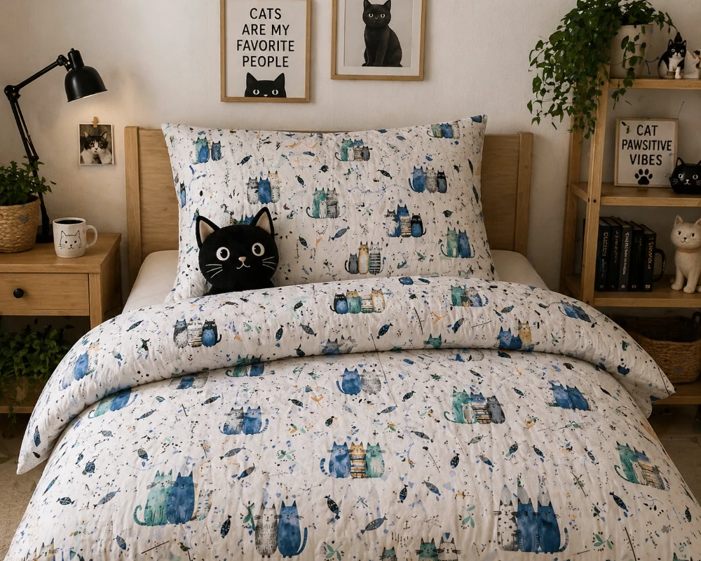 Supreme Style Patalynė kotki koty kocia rodzina bawełniana 140x200 dziecięca mėlyna