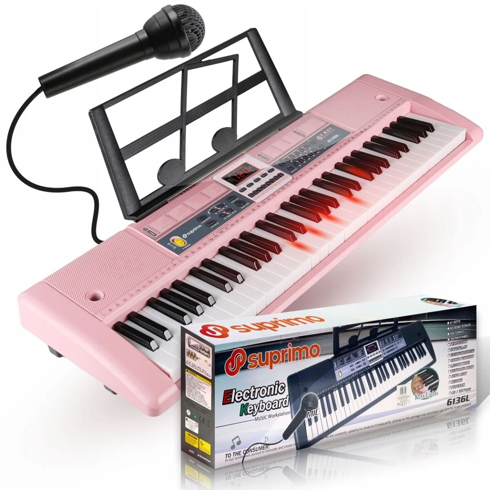 Suprimo DIDELĖ KLAVIATŪRA ORGANINIS PIANO 61 KLAVIŠAS APŠVIETANTI LED KLAVIŠAI ROŽINIAI