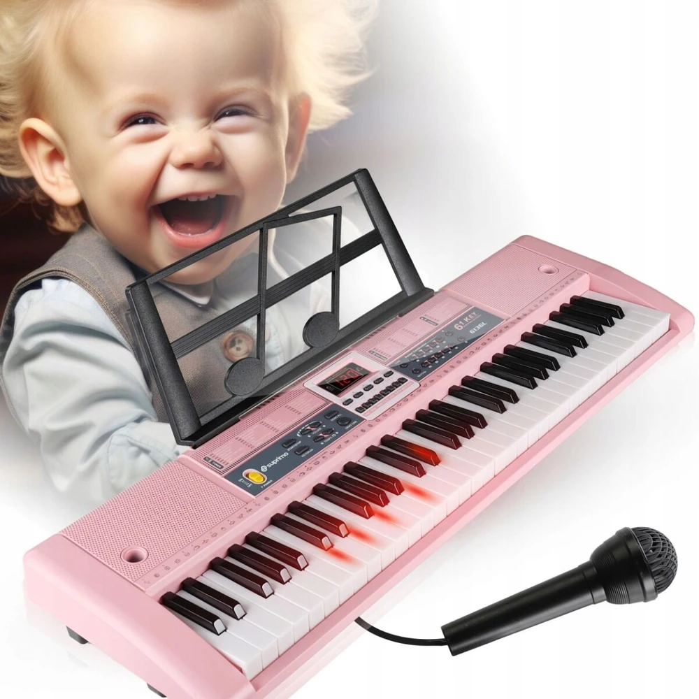 Suprimo DIDELĖ KLAVIATŪRA ORGANINIS PIANO 61 KLAVIŠAS APŠVIETANTI LED KLAVIŠAI ROŽINIAI