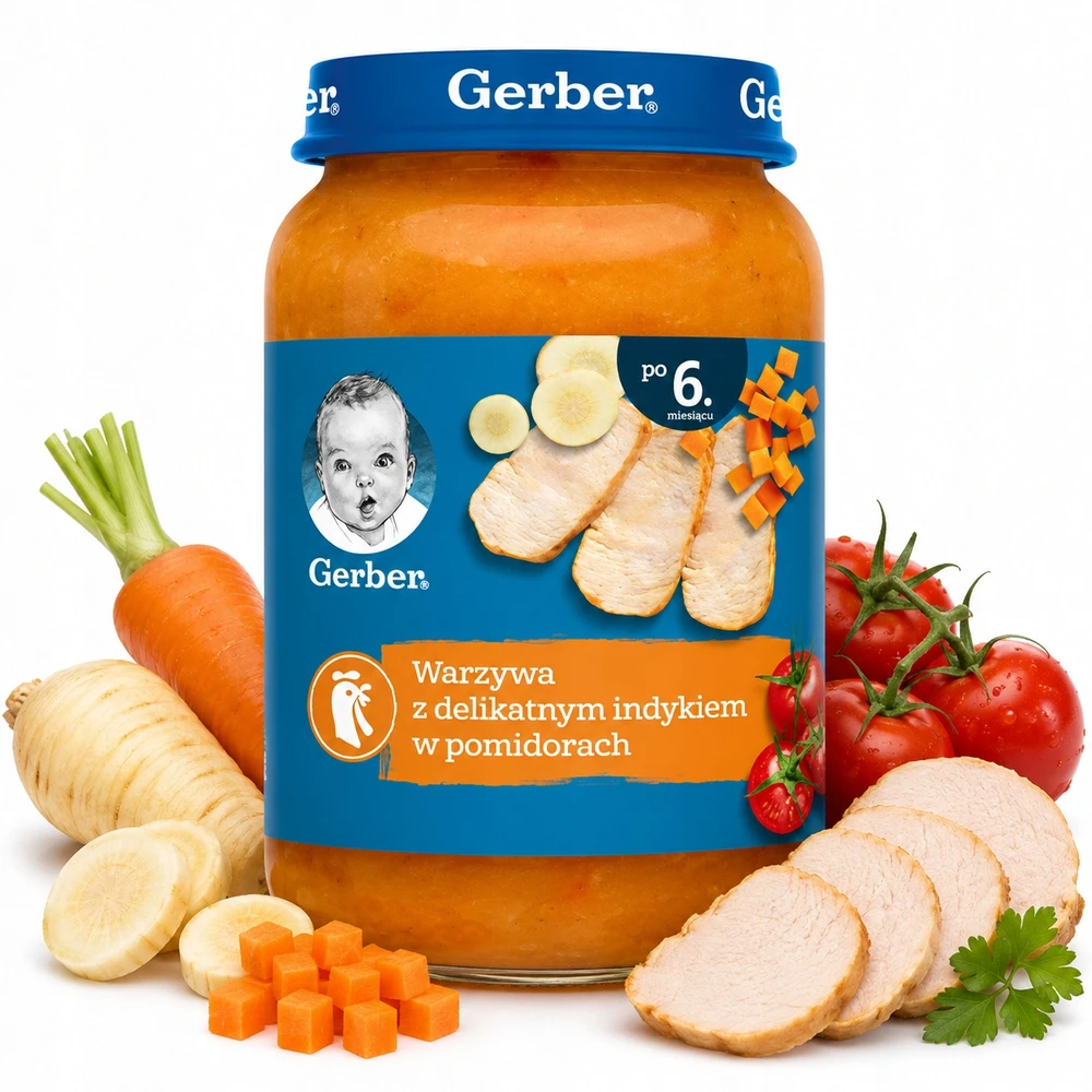 Vaikiška tyrelė GERBER su kalakutu, pomidorais ir daržovėmis, 190 g