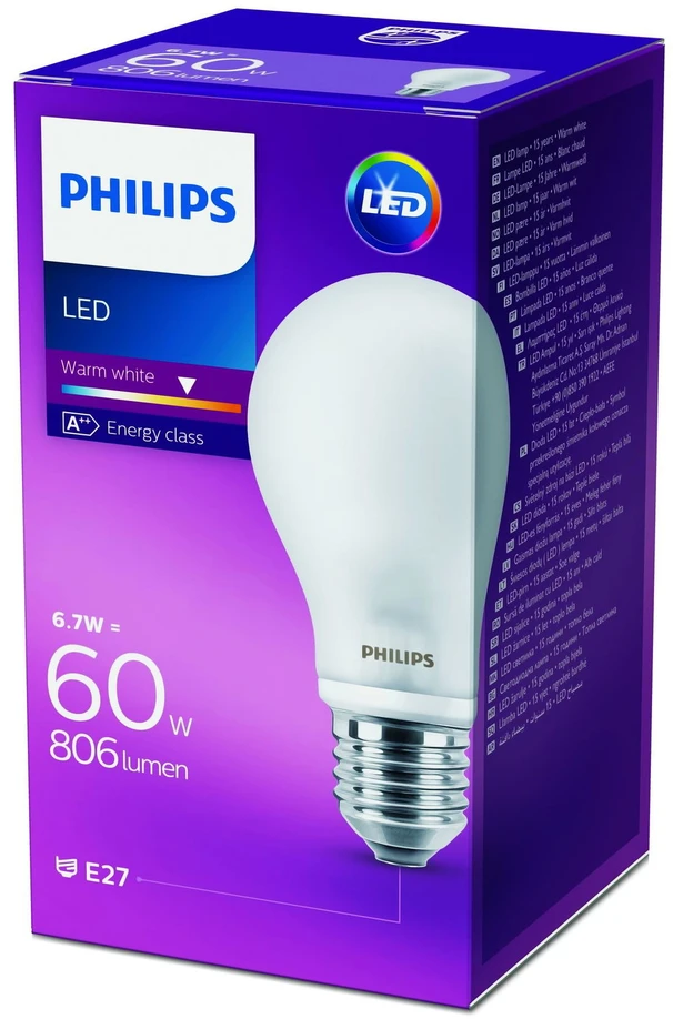 LED lemputė PHILIPS, A60, E27, 7 W, 806 lm, 2700 K