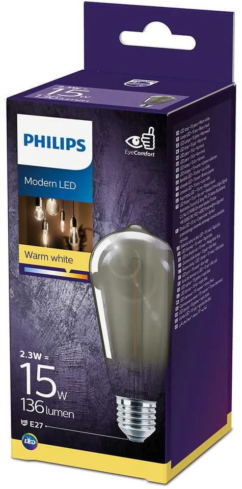 Šviesos diodų lemputė PHILIPS VINTAGE, ST64, E27, 2,3 W, atitinka 15 W, 2700 K, 136 lm, dūminės sp.