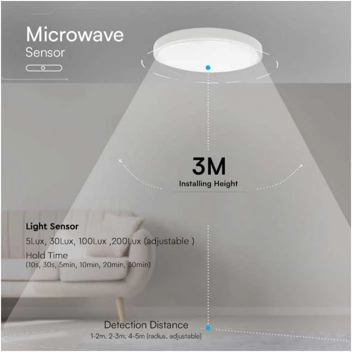 Lubinis šviestuvas V-tac 36W LED paviršinis šviestuvas, baltas, 4000K, IP44, su judesio davikliu