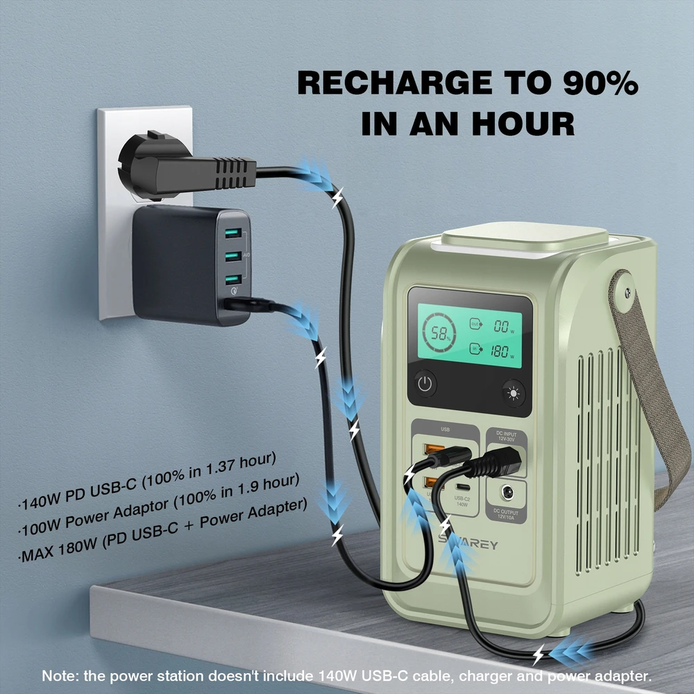 Swarey LiFePO4 elektrinė, 192 Wh saulės generatorius su 140 W greito įkrovimo prievadu