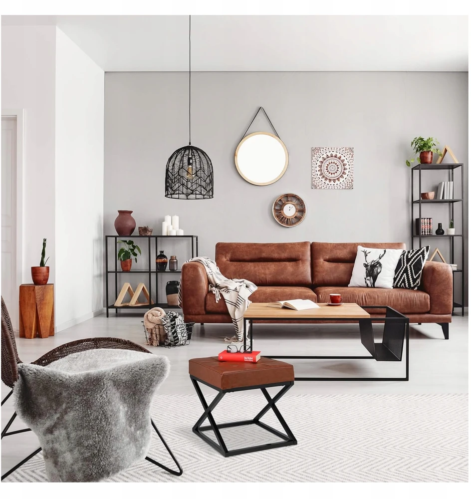 Taburetė Footstool Minkšta loft pramoninė taburetė, dirbtinė oda, ruda