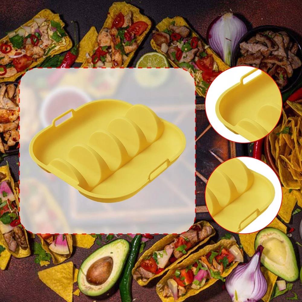 „Taco“ laikiklio lėkštėje telpa iki 4 „Taco“ daugkartinio naudojimo „Taco“ apvalkalo laikiklio geltonos spalvos