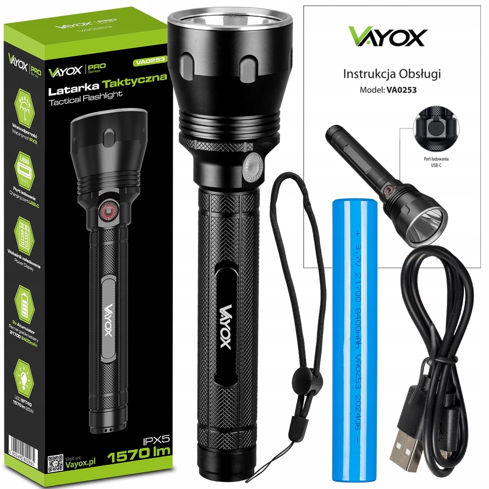 TAKTINIS LED BLYKŠČIAS, PAKRAUJAMAS, ATSPIRUS VANDENIUI, USB-C, 20W, 1570lm, PRO VAYOX