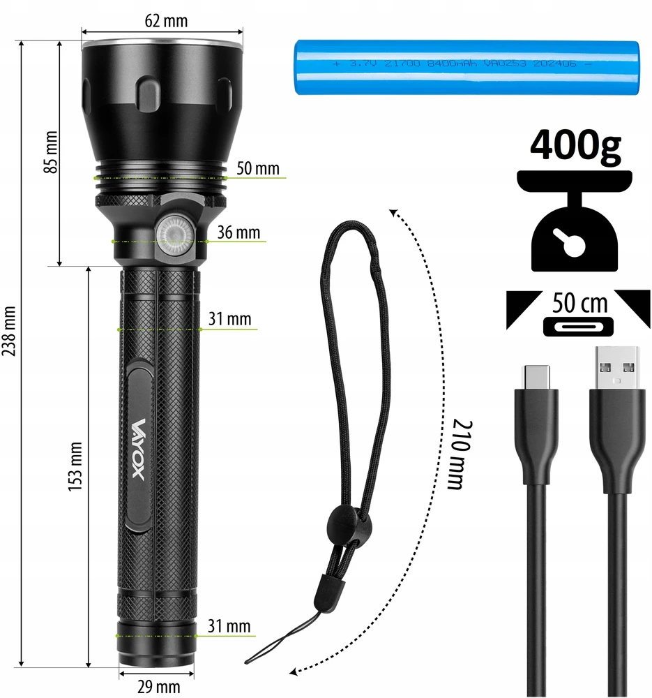 TAKTINIS LED BLYKŠČIAS, PAKRAUJAMAS, ATSPIRUS VANDENIUI, USB-C, 20W, 1570lm, PRO VAYOX