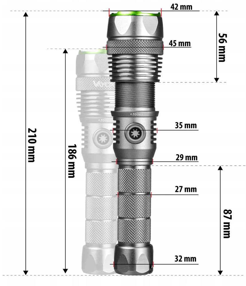 TAKTINIS LED BLYKŠČIAS, PAKRAUJAMAS, VANDENIUI ATSPIRUS USB-C ZOOM 3000lm PRO VAYOX