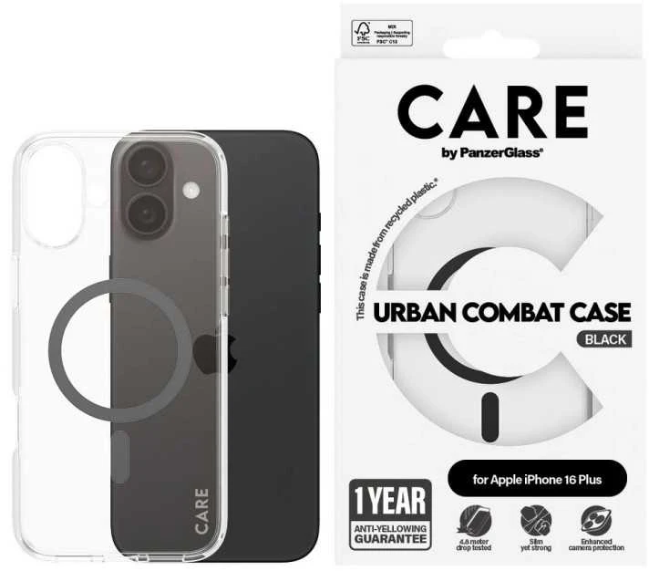 Panzer Glass CARE Flagship dėklas su Juodas MagSafe iPhone 16 Plus, skaidrus