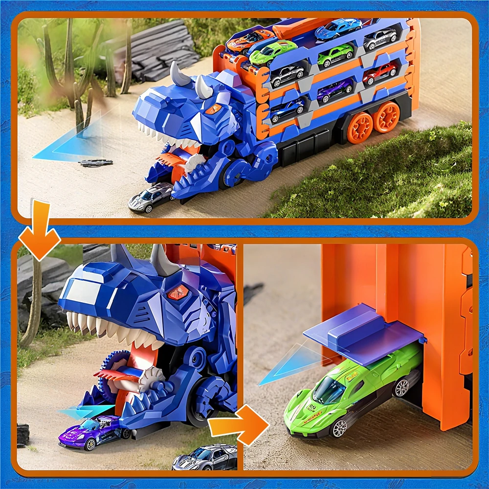 Telinult DINOZAUURŲ LENKTYNŲ AUTOMOBILIŲ TRANSPORTERIS 3IN1 KOMPLEKTAS LENKTYNŲ TRAKOS + 12 AUTOMOBILIŲ
