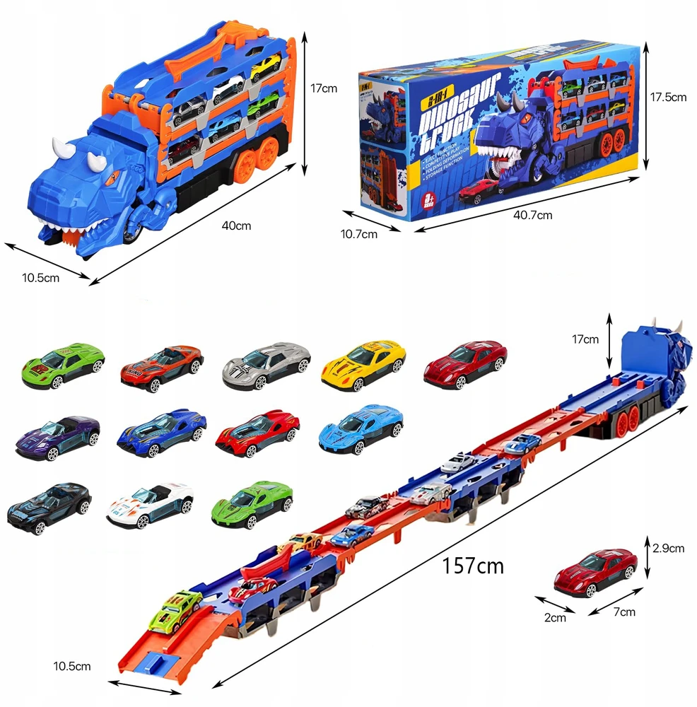 Telinult DINOZAUURŲ LENKTYNŲ AUTOMOBILIŲ TRANSPORTERIS 3IN1 KOMPLEKTAS LENKTYNŲ TRAKOS + 12 AUTOMOBILIŲ