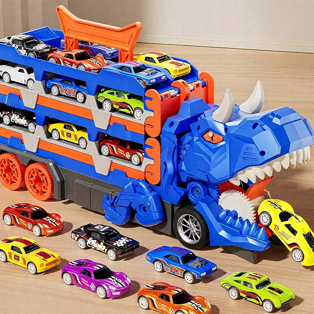 Telinult DINOZAUURŲ LENKTYNŲ AUTOMOBILIŲ TRANSPORTERIS 3IN1 KOMPLEKTAS LENKTYNŲ TRAKOS + 12 AUTOMOBILIŲ