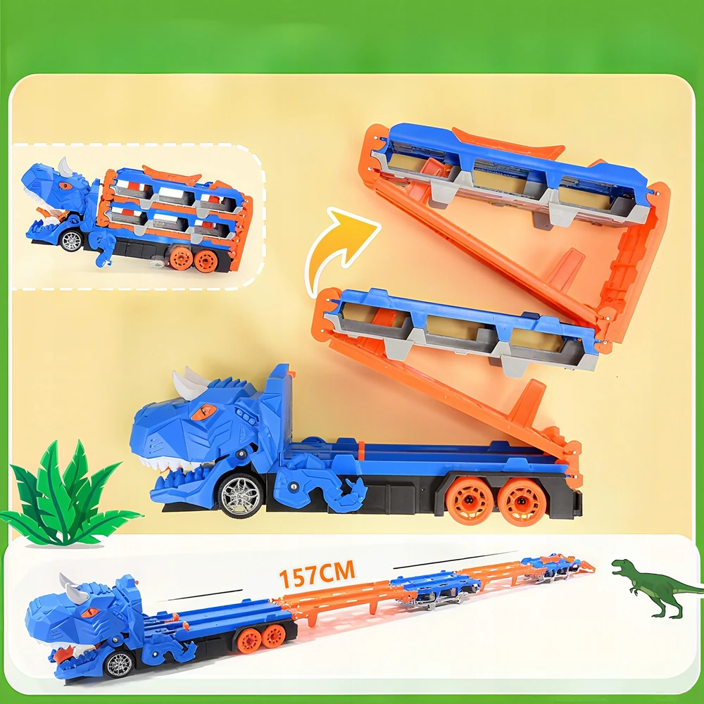 Telinult DINOZAUURŲ LENKTYNŲ AUTOMOBILIŲ TRANSPORTERIS 3IN1 KOMPLEKTAS LENKTYNŲ TRAKOS + 12 AUTOMOBILIŲ