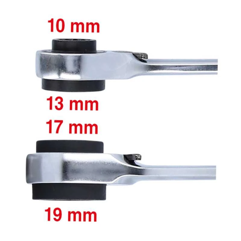 Dvigubas žiedinis terkšlinis raktas su reversu 10x19mm-13x17, KS Tools