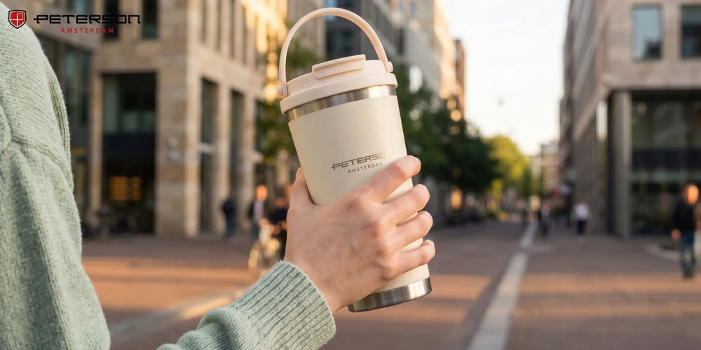 Praktyczny kubek termiczny ze stali nierdzewnej w kolorze ecru su praktycznym laikikliu, talpa 560ml - Peterson