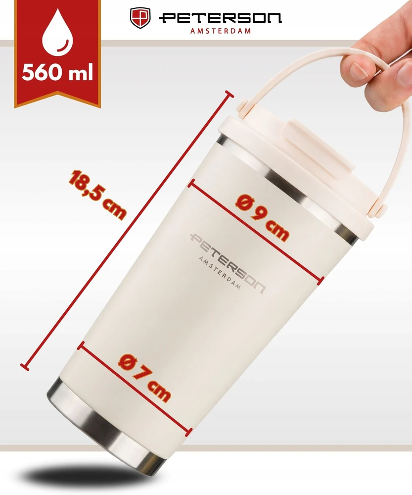 Praktyczny kubek termiczny ze stali nierdzewnej w kolorze ecru su praktycznym laikikliu, talpa 560ml - Peterson