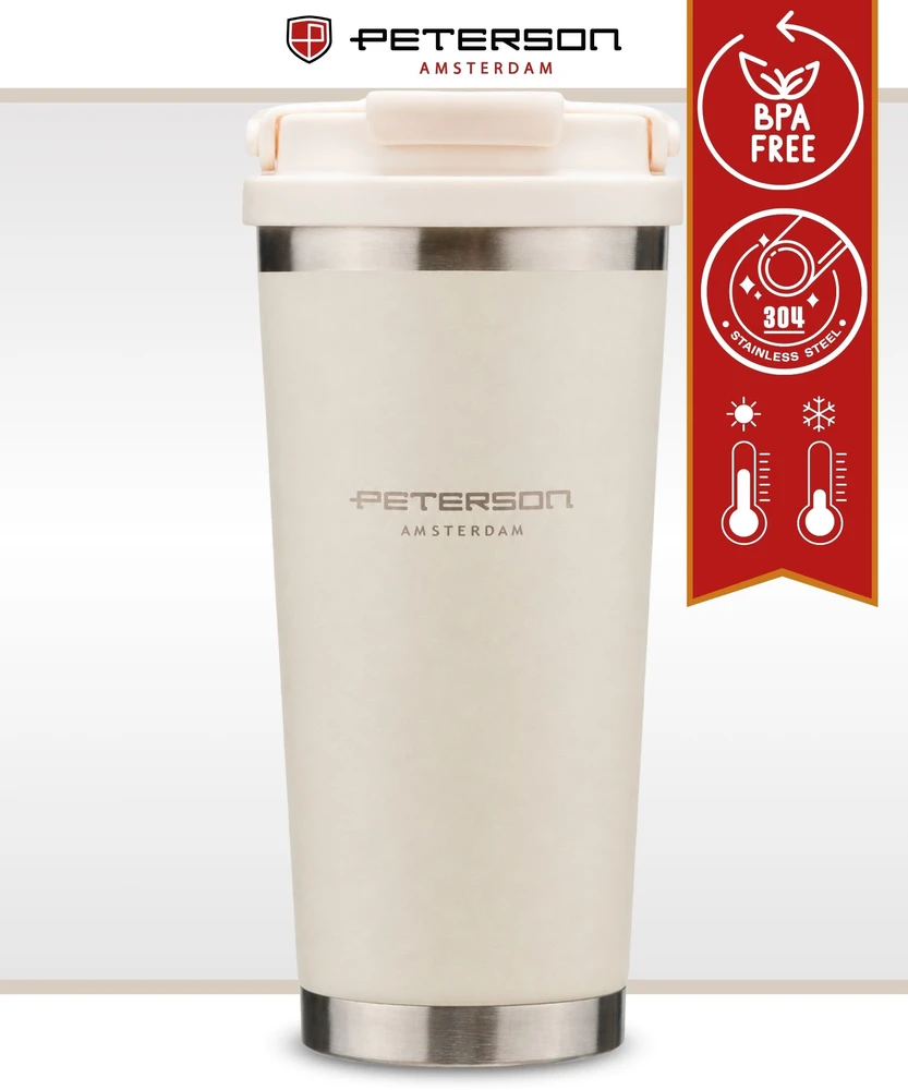 Praktyczny kubek termiczny ze stali nierdzewnej w kolorze ecru su praktycznym laikikliu, talpa 560ml - Peterson