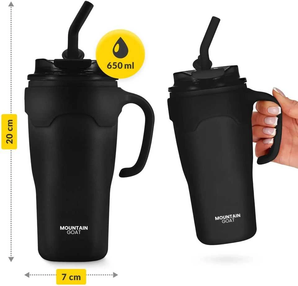 Terminis puodelis su šiaudeliu, 650 ml, juodas
