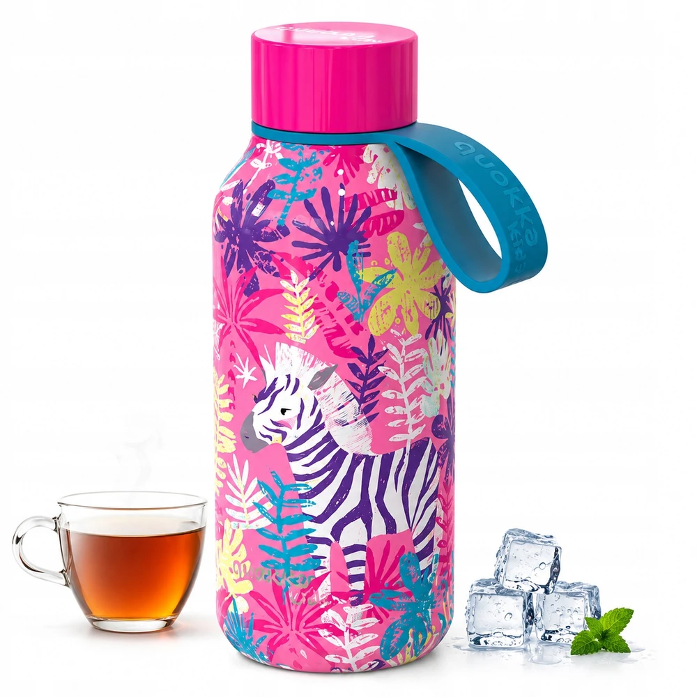 „Quokka Solid Kids“ su dirželiu - Nerūdijantis plienas, dvigubos sienelės, vakuuminis termosas, 330 ml (Zebras)