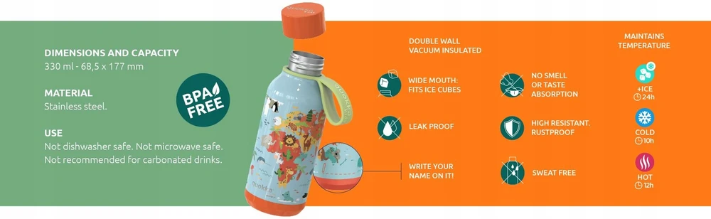 „Quokka Solid Kids“ su dirželiu - Nerūdijantis plienas, dvigubos sienelės, vakuuminis termosas, 330 ml (Zebras)