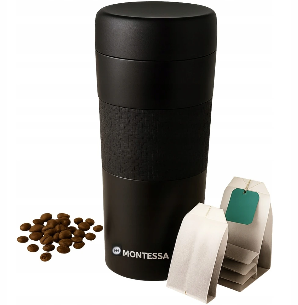 TERMOSAS ARBATAI IR KAVAI DIDELIS, NESKLYDUS, Juodas TRAVEL 450ml MONTESSA