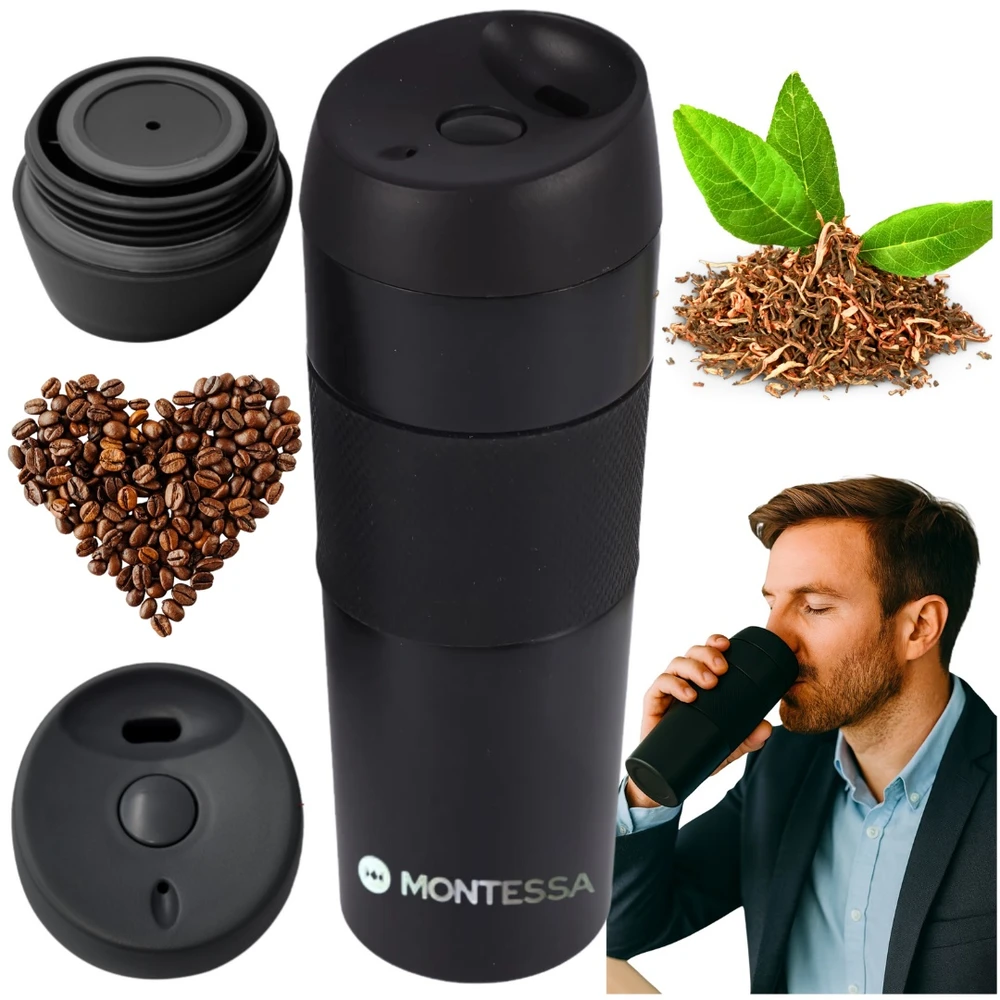 TERMOSAS ARBATAI IR KAVAI DIDELIS, NESKLYDUS, Juodas TRAVEL 450ml MONTESSA