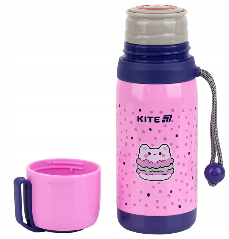 Termosas su puodeliu vaikui, 350 ml, rožinis, su Kite plienine rankena