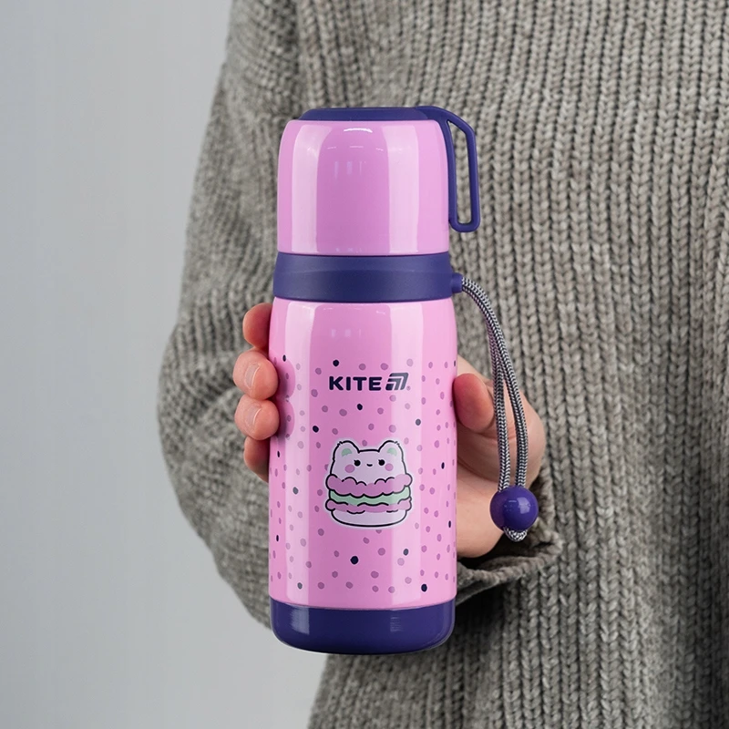 Termosas su puodeliu vaikui, 350 ml, rožinis, su Kite plienine rankena