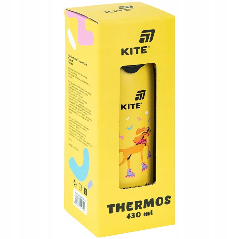 Termosas su šiaudeliu vaikams, geltonas, su metaliniu sieteliu, 430 ml Kite