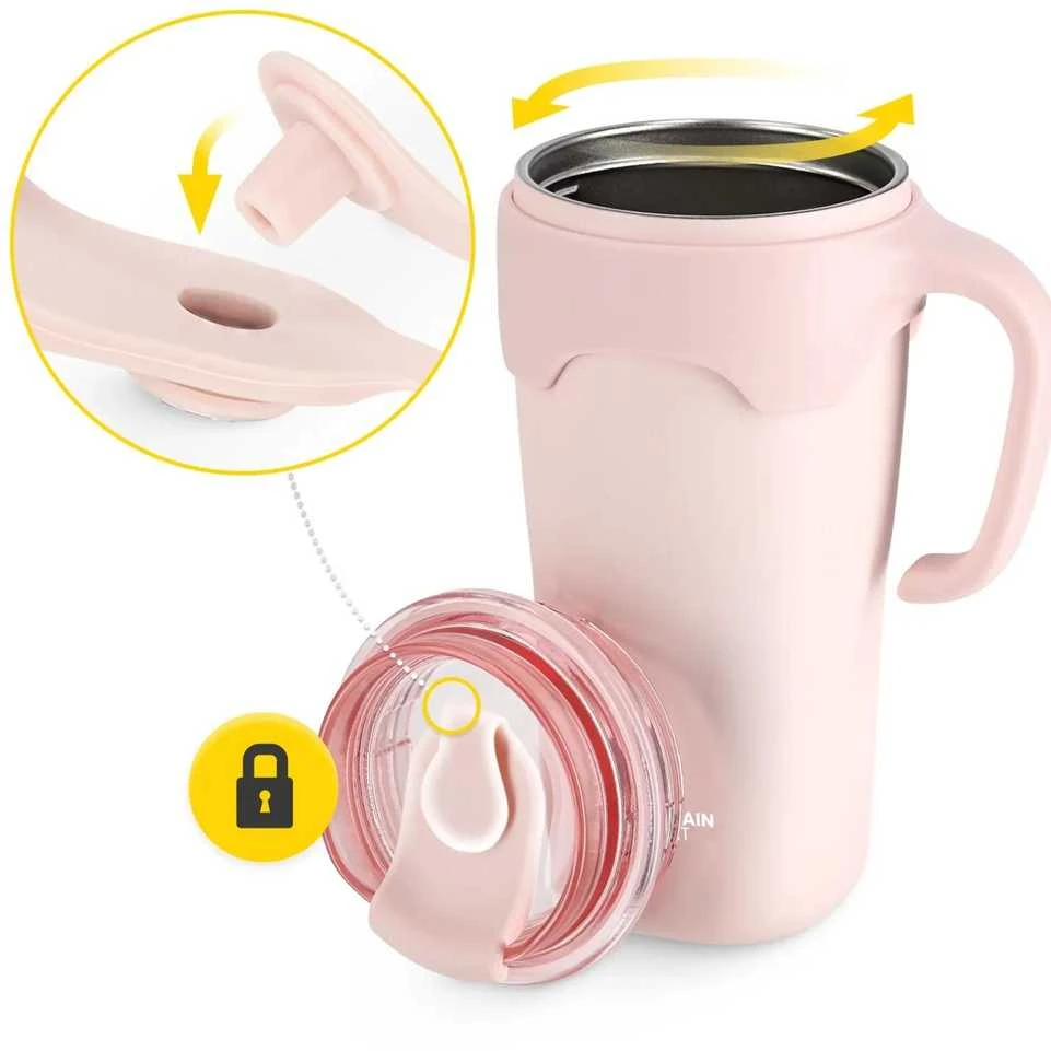 Termosinis puodelis su šiaudeliu, 650 ml, rožinis