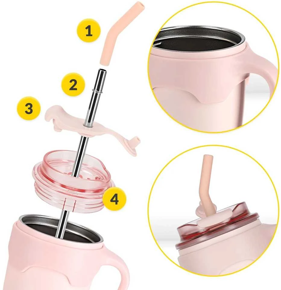 Termosinis puodelis su šiaudeliu, 650 ml, rožinis