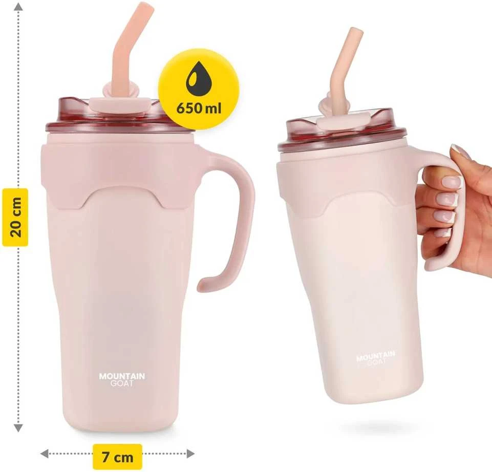 Termosinis puodelis su šiaudeliu, 650 ml, rožinis