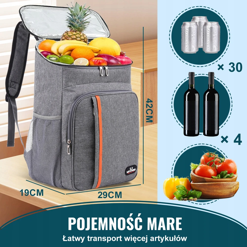 THERMAL BAG 23L, atsparus vandeniui kelionėms, iškyloms ir paplūdimiui, pilkas, išlaiko temperatūrą iki 12 valandų