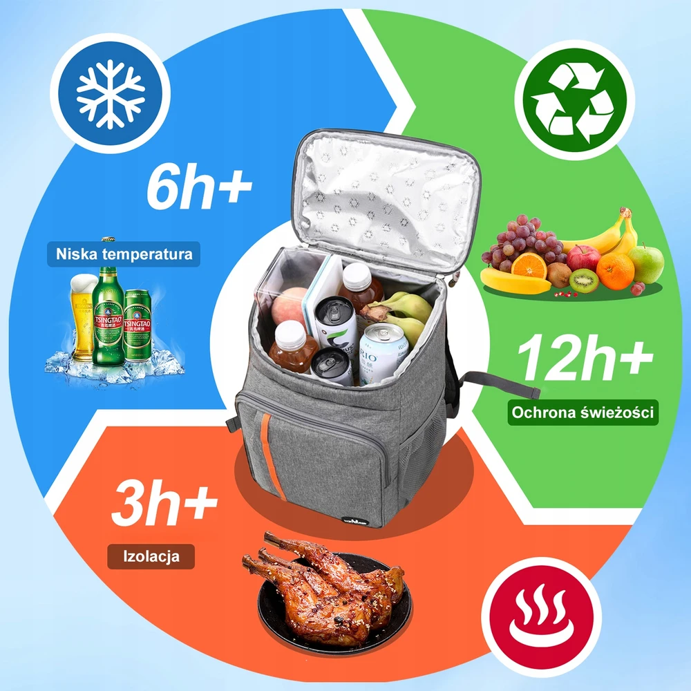 THERMAL BAG 23L, atsparus vandeniui kelionėms, iškyloms ir paplūdimiui, pilkas, išlaiko temperatūrą iki 12 valandų