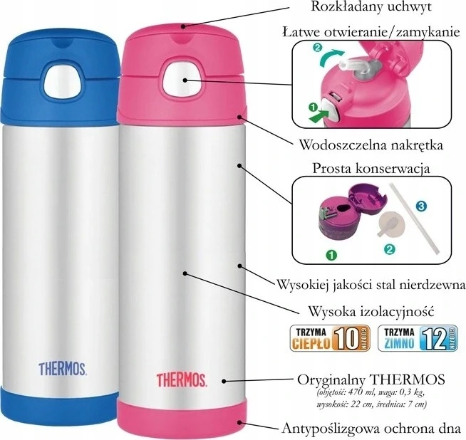 Thermos Termosas su šiaudeliu vaikams - 470 ml, nerūdijančio plieno, rožinis